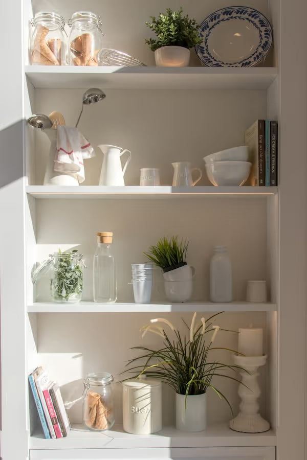 bowls and bottles in white wooden 4-layer shelf
